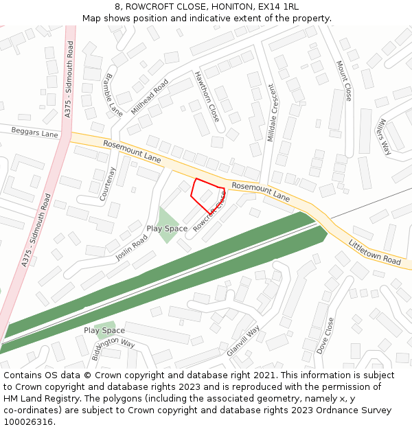 8, ROWCROFT CLOSE, HONITON, EX14 1RL: Location map and indicative extent of plot