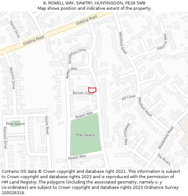 8, ROWELL WAY, SAWTRY, HUNTINGDON, PE28 5WB: Location map and indicative extent of plot