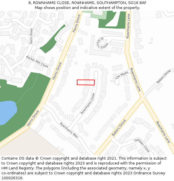 8, ROWNHAMS CLOSE, ROWNHAMS, SOUTHAMPTON, SO16 8AF: Location map and indicative extent of plot