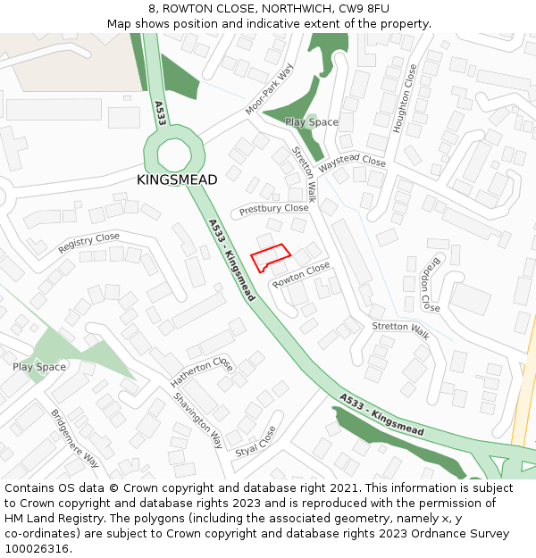 8, ROWTON CLOSE, NORTHWICH, CW9 8FU: Location map and indicative extent of plot
