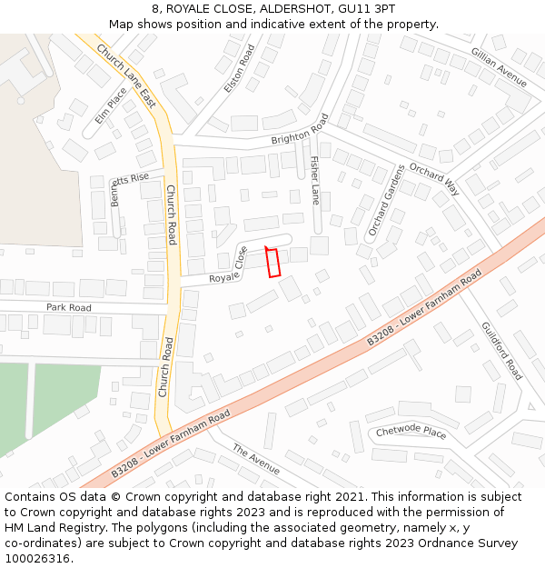 8, ROYALE CLOSE, ALDERSHOT, GU11 3PT: Location map and indicative extent of plot