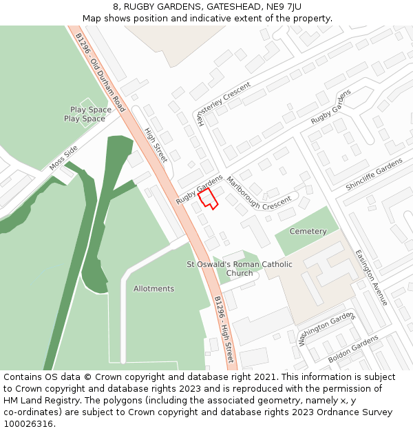 8, RUGBY GARDENS, GATESHEAD, NE9 7JU: Location map and indicative extent of plot