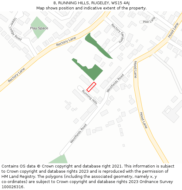 8, RUNNING HILLS, RUGELEY, WS15 4AJ: Location map and indicative extent of plot