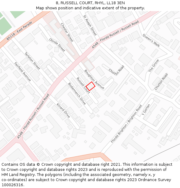 8, RUSSELL COURT, RHYL, LL18 3EN: Location map and indicative extent of plot