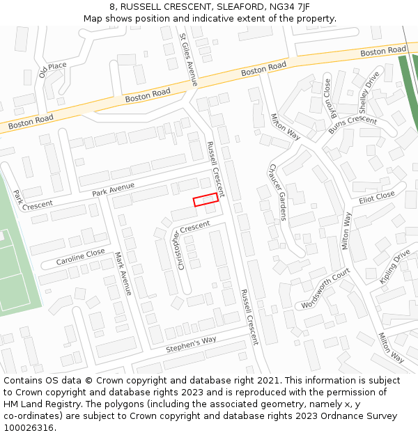 8, RUSSELL CRESCENT, SLEAFORD, NG34 7JF: Location map and indicative extent of plot