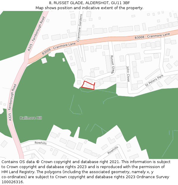 8, RUSSET GLADE, ALDERSHOT, GU11 3BF: Location map and indicative extent of plot