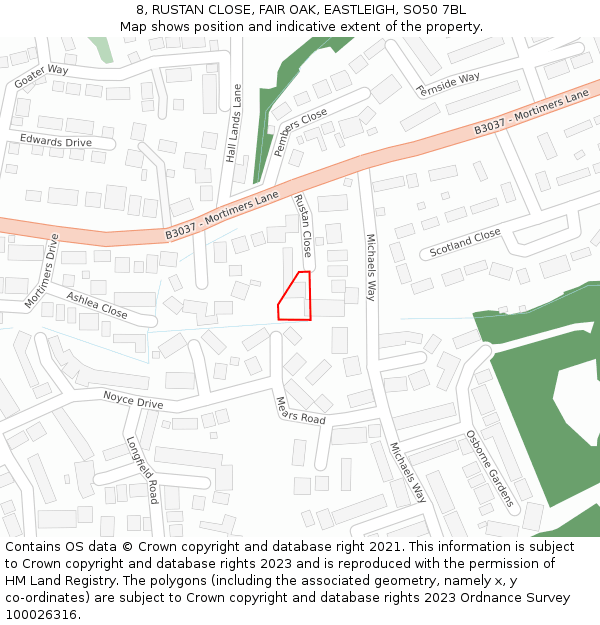 8, RUSTAN CLOSE, FAIR OAK, EASTLEIGH, SO50 7BL: Location map and indicative extent of plot