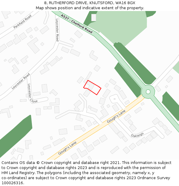 8, RUTHERFORD DRIVE, KNUTSFORD, WA16 8GX: Location map and indicative extent of plot