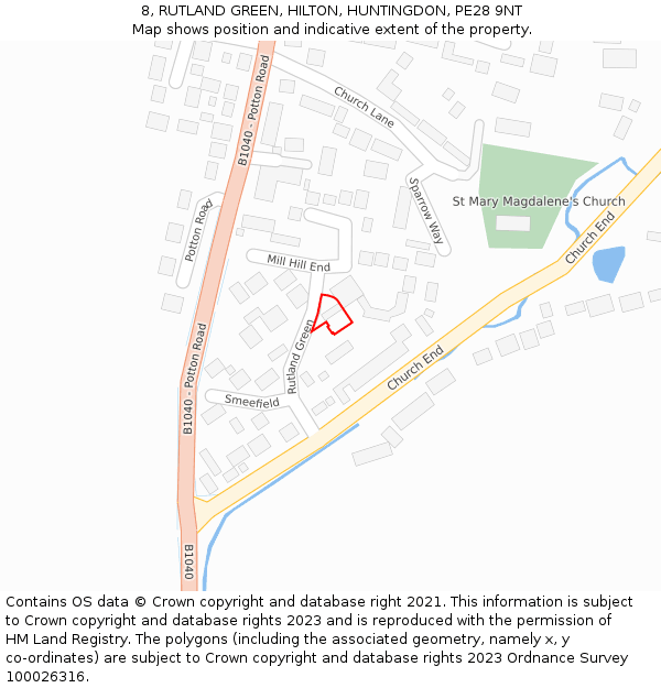 8, RUTLAND GREEN, HILTON, HUNTINGDON, PE28 9NT: Location map and indicative extent of plot