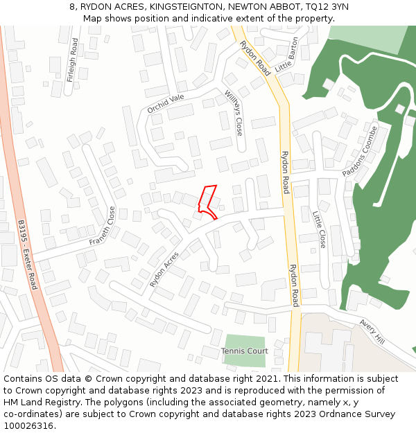 8, RYDON ACRES, KINGSTEIGNTON, NEWTON ABBOT, TQ12 3YN: Location map and indicative extent of plot