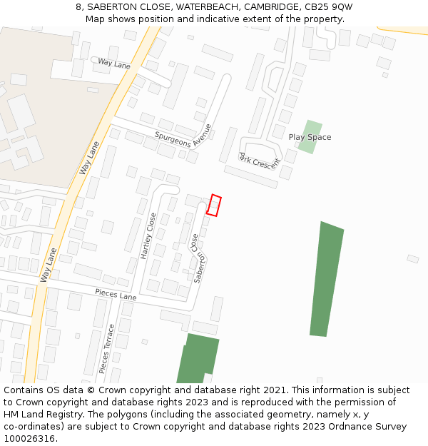 8, SABERTON CLOSE, WATERBEACH, CAMBRIDGE, CB25 9QW: Location map and indicative extent of plot