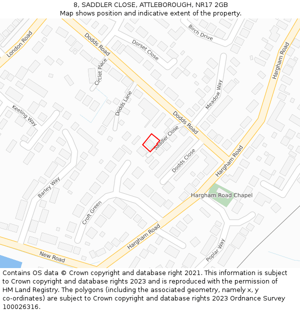 8, SADDLER CLOSE, ATTLEBOROUGH, NR17 2GB: Location map and indicative extent of plot