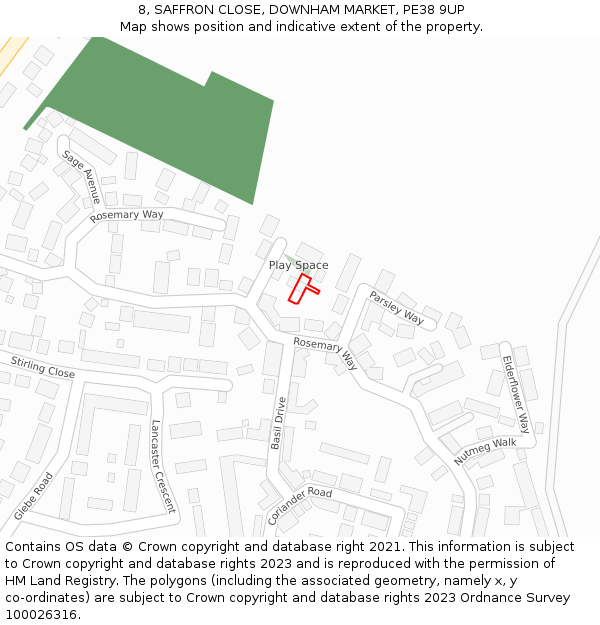 8, SAFFRON CLOSE, DOWNHAM MARKET, PE38 9UP: Location map and indicative extent of plot