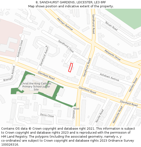 8, SANDHURST GARDENS, LEICESTER, LE3 6RF: Location map and indicative extent of plot