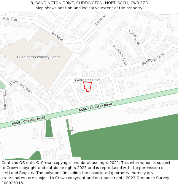 8, SANDINGTON DRIVE, CUDDINGTON, NORTHWICH, CW8 2ZD: Location map and indicative extent of plot