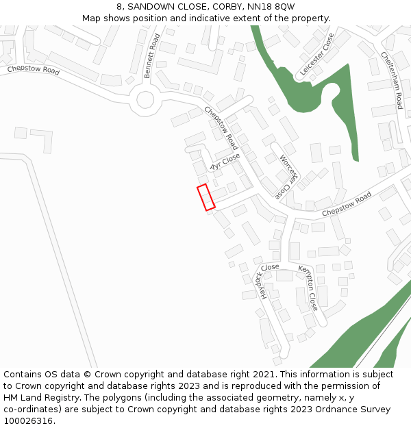 8, SANDOWN CLOSE, CORBY, NN18 8QW: Location map and indicative extent of plot