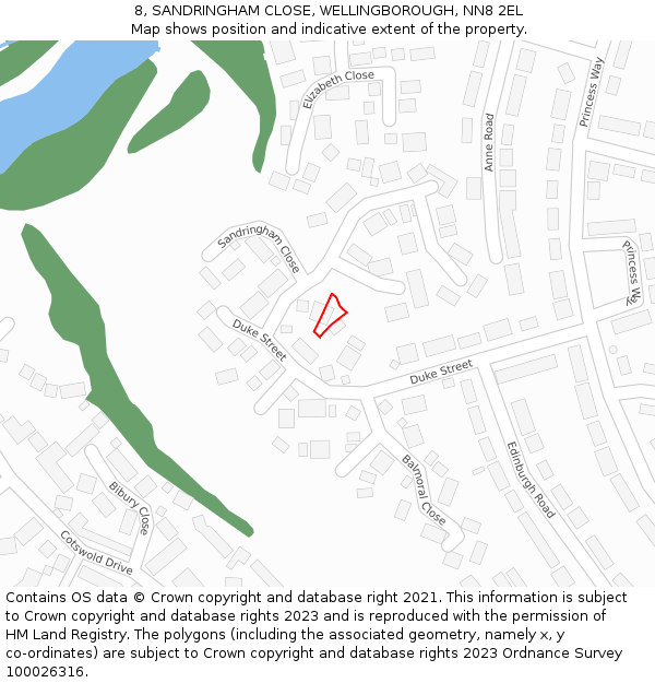 8, SANDRINGHAM CLOSE, WELLINGBOROUGH, NN8 2EL: Location map and indicative extent of plot