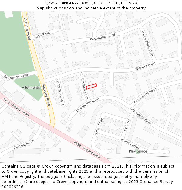 8, SANDRINGHAM ROAD, CHICHESTER, PO19 7XJ: Location map and indicative extent of plot