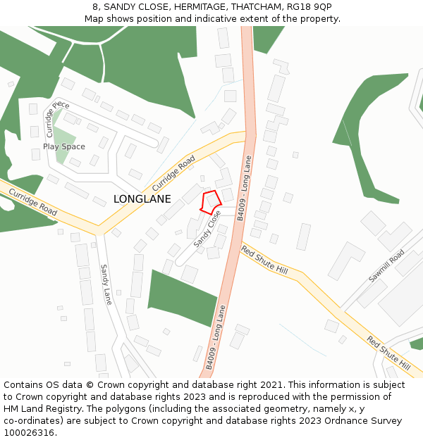 8, SANDY CLOSE, HERMITAGE, THATCHAM, RG18 9QP: Location map and indicative extent of plot