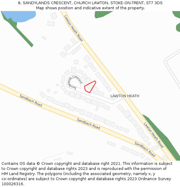 8, SANDYLANDS CRESCENT, CHURCH LAWTON, STOKE-ON-TRENT, ST7 3DS: Location map and indicative extent of plot