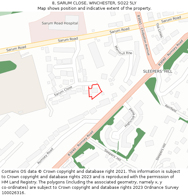8, SARUM CLOSE, WINCHESTER, SO22 5LY: Location map and indicative extent of plot