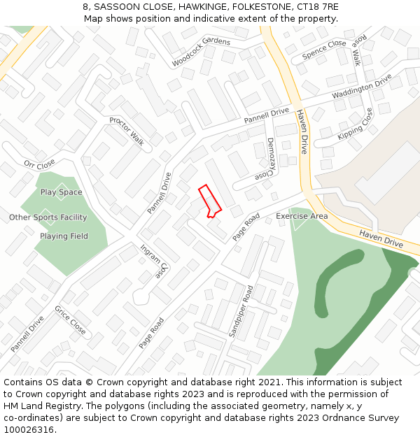 8, SASSOON CLOSE, HAWKINGE, FOLKESTONE, CT18 7RE: Location map and indicative extent of plot