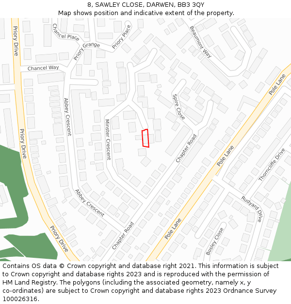 8, SAWLEY CLOSE, DARWEN, BB3 3QY: Location map and indicative extent of plot