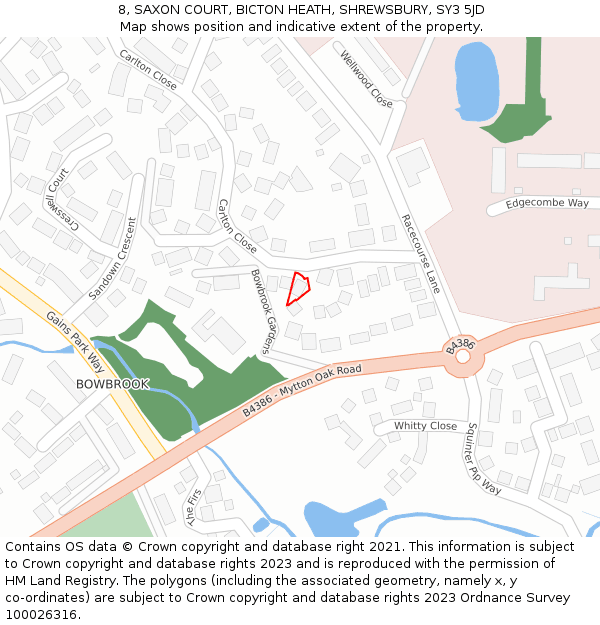 8, SAXON COURT, BICTON HEATH, SHREWSBURY, SY3 5JD: Location map and indicative extent of plot