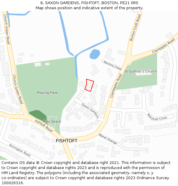 8, SAXON GARDENS, FISHTOFT, BOSTON, PE21 0RS: Location map and indicative extent of plot