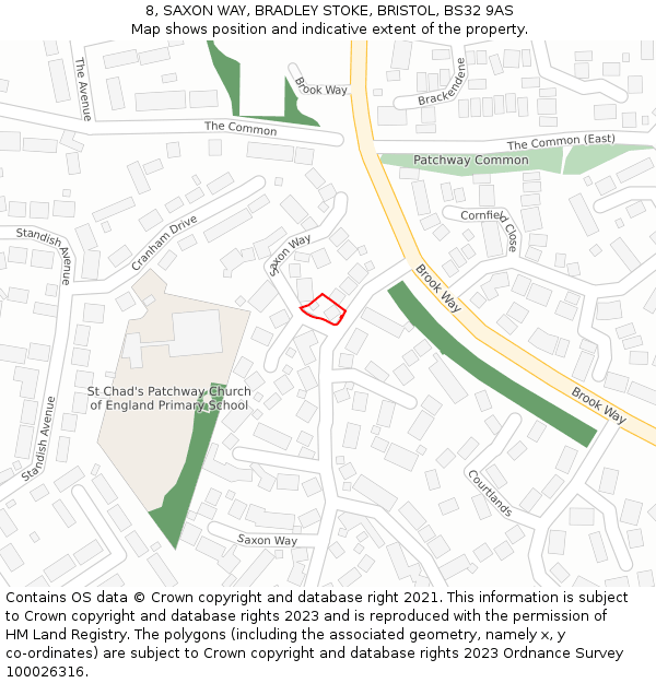 8, SAXON WAY, BRADLEY STOKE, BRISTOL, BS32 9AS: Location map and indicative extent of plot