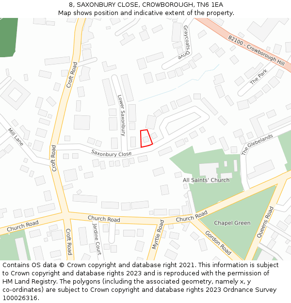 8, SAXONBURY CLOSE, CROWBOROUGH, TN6 1EA: Location map and indicative extent of plot