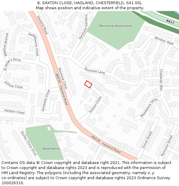 8, SAXTON CLOSE, HASLAND, CHESTERFIELD, S41 0SL: Location map and indicative extent of plot