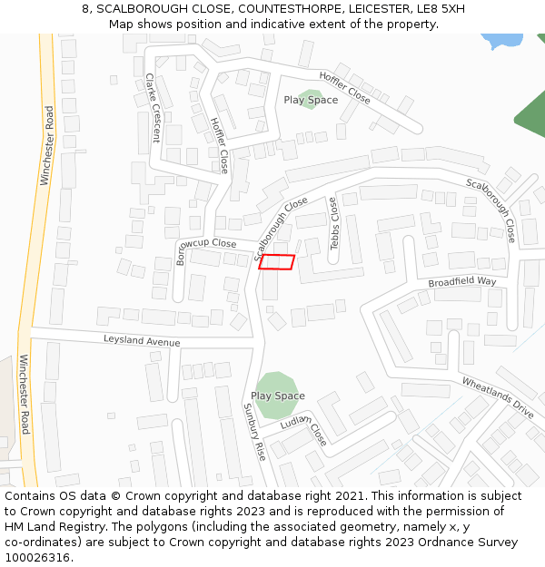 8, SCALBOROUGH CLOSE, COUNTESTHORPE, LEICESTER, LE8 5XH: Location map and indicative extent of plot