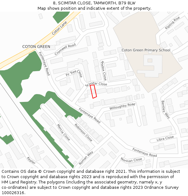 8, SCIMITAR CLOSE, TAMWORTH, B79 8LW: Location map and indicative extent of plot