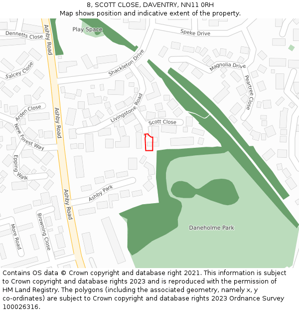 8, SCOTT CLOSE, DAVENTRY, NN11 0RH: Location map and indicative extent of plot