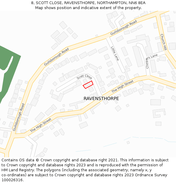 8, SCOTT CLOSE, RAVENSTHORPE, NORTHAMPTON, NN6 8EA: Location map and indicative extent of plot