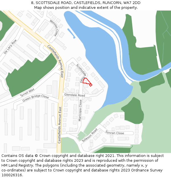 8, SCOTTSDALE ROAD, CASTLEFIELDS, RUNCORN, WA7 2DD: Location map and indicative extent of plot