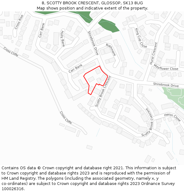 8, SCOTTY BROOK CRESCENT, GLOSSOP, SK13 8UG: Location map and indicative extent of plot