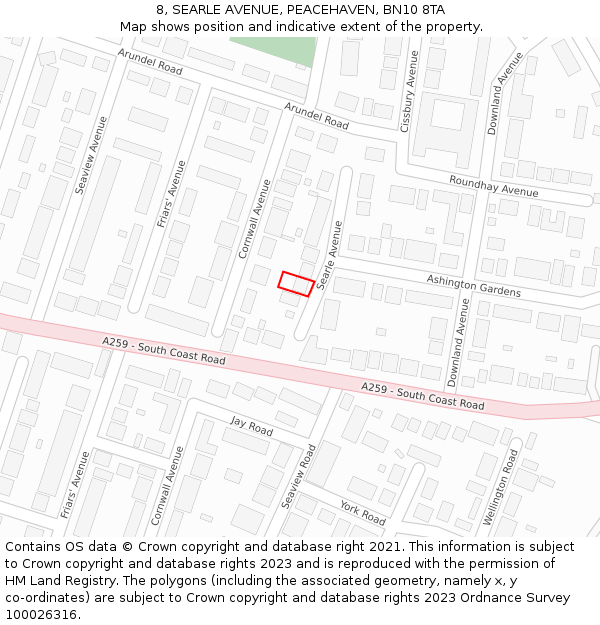 8, SEARLE AVENUE, PEACEHAVEN, BN10 8TA: Location map and indicative extent of plot