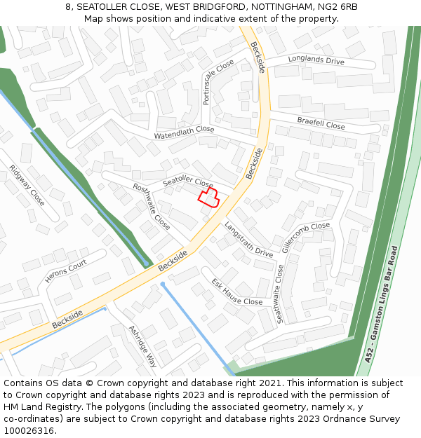 8, SEATOLLER CLOSE, WEST BRIDGFORD, NOTTINGHAM, NG2 6RB: Location map and indicative extent of plot