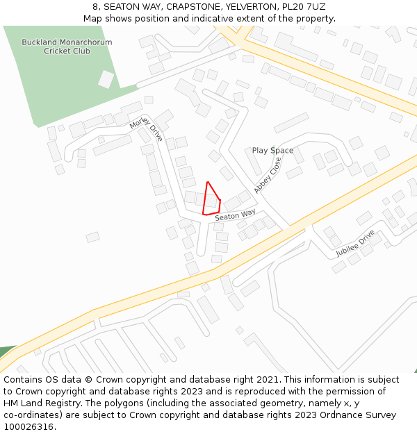 8, SEATON WAY, CRAPSTONE, YELVERTON, PL20 7UZ: Location map and indicative extent of plot