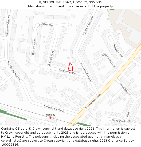 8, SELBOURNE ROAD, HOCKLEY, SS5 5BN: Location map and indicative extent of plot