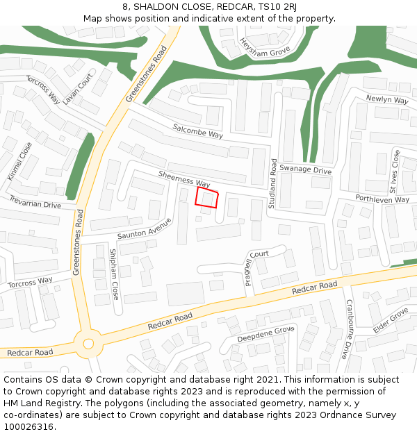 8, SHALDON CLOSE, REDCAR, TS10 2RJ: Location map and indicative extent of plot