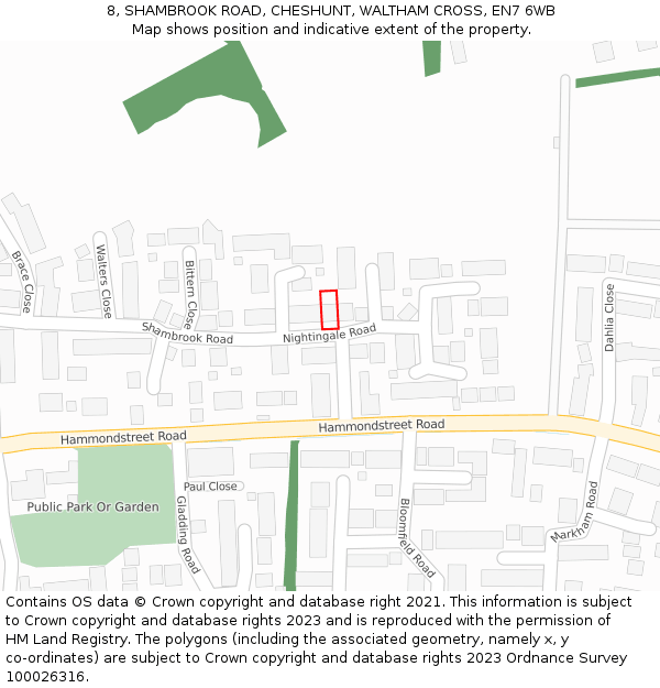 8, SHAMBROOK ROAD, CHESHUNT, WALTHAM CROSS, EN7 6WB: Location map and indicative extent of plot