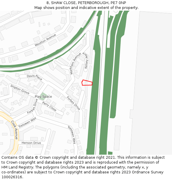 8, SHAW CLOSE, PETERBOROUGH, PE7 0NP: Location map and indicative extent of plot