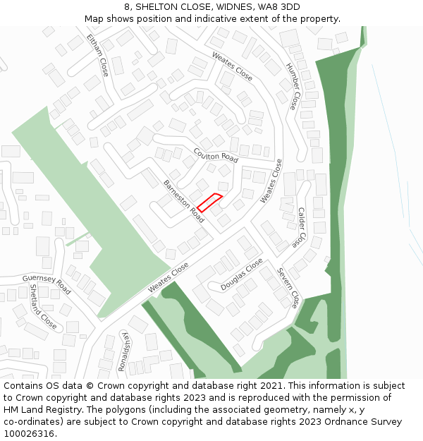 8, SHELTON CLOSE, WIDNES, WA8 3DD: Location map and indicative extent of plot