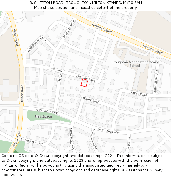 8, SHEPTON ROAD, BROUGHTON, MILTON KEYNES, MK10 7AH: Location map and indicative extent of plot