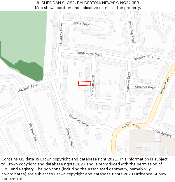 8, SHERIDAN CLOSE, BALDERTON, NEWARK, NG24 3RB: Location map and indicative extent of plot