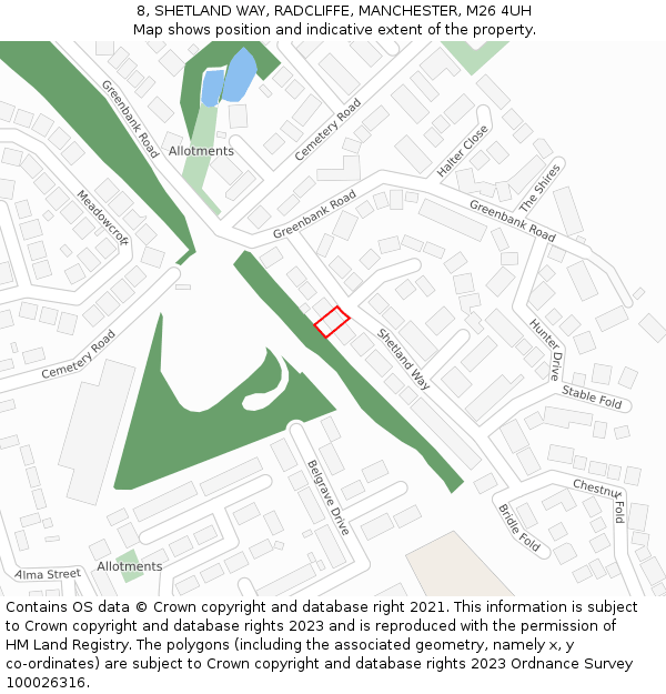 8, SHETLAND WAY, RADCLIFFE, MANCHESTER, M26 4UH: Location map and indicative extent of plot