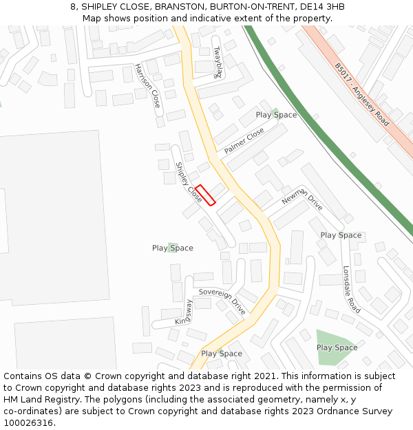 8, SHIPLEY CLOSE, BRANSTON, BURTON-ON-TRENT, DE14 3HB: Location map and indicative extent of plot